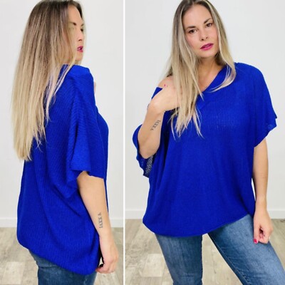 NWOT Zenana Oversize V-neck Loose Knit Lightweight Sweater LARGE Bright Blue
