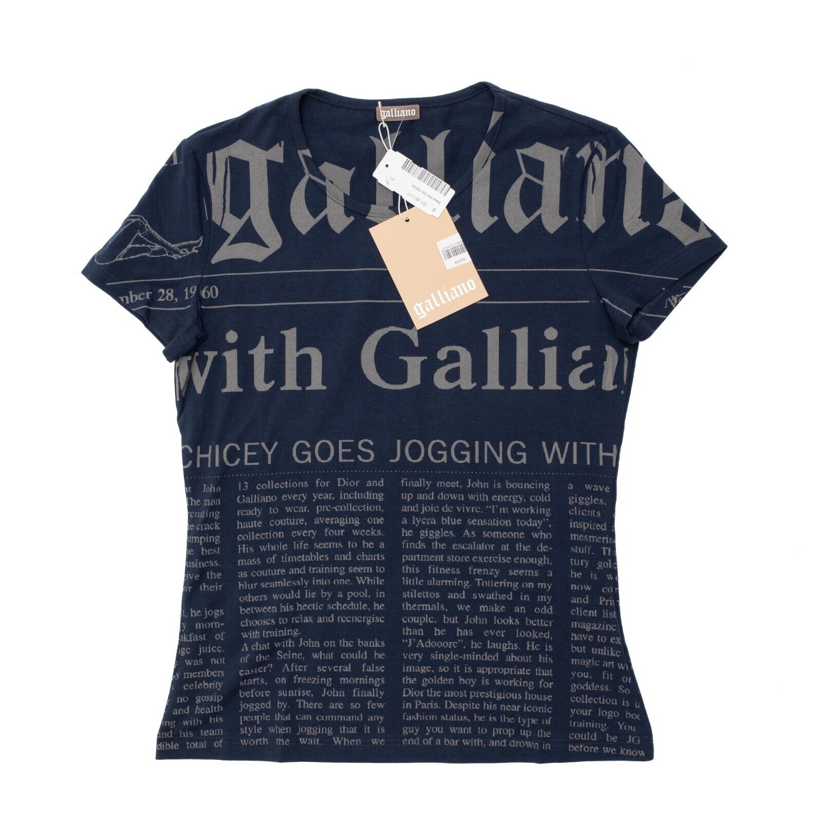 JOHN GALLIANO Y2K Gazette Newspaper T-Shirt Navy / Grey Size JOHN GALLIANO Y2K Gazette Newspaper T-Shirt Navy / Grey Size