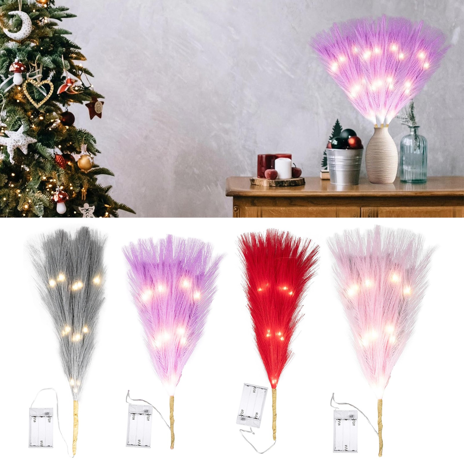 Trimming Shop 50 LED Vorbeleuchtetes Pampasgras Warmweiß Künstlich 110cm Deko