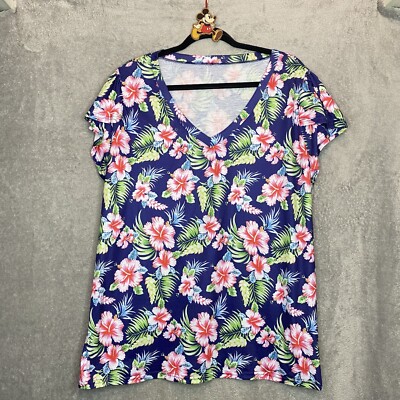 Amazon 2X Top Shirt Blue Floral Flower Short Sleeve V Neck Stretch Knit Womens
