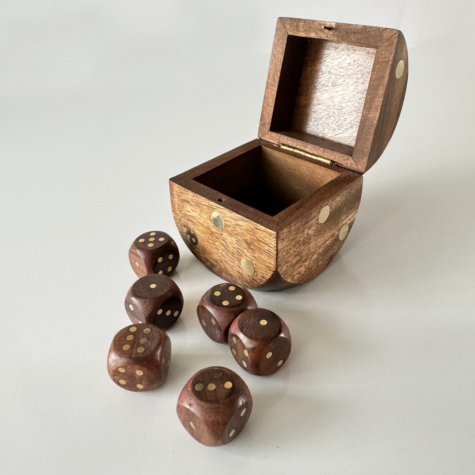 Handcrafted Wooden Dice Set with Storage Box - Solid Wood with Brass Inlay