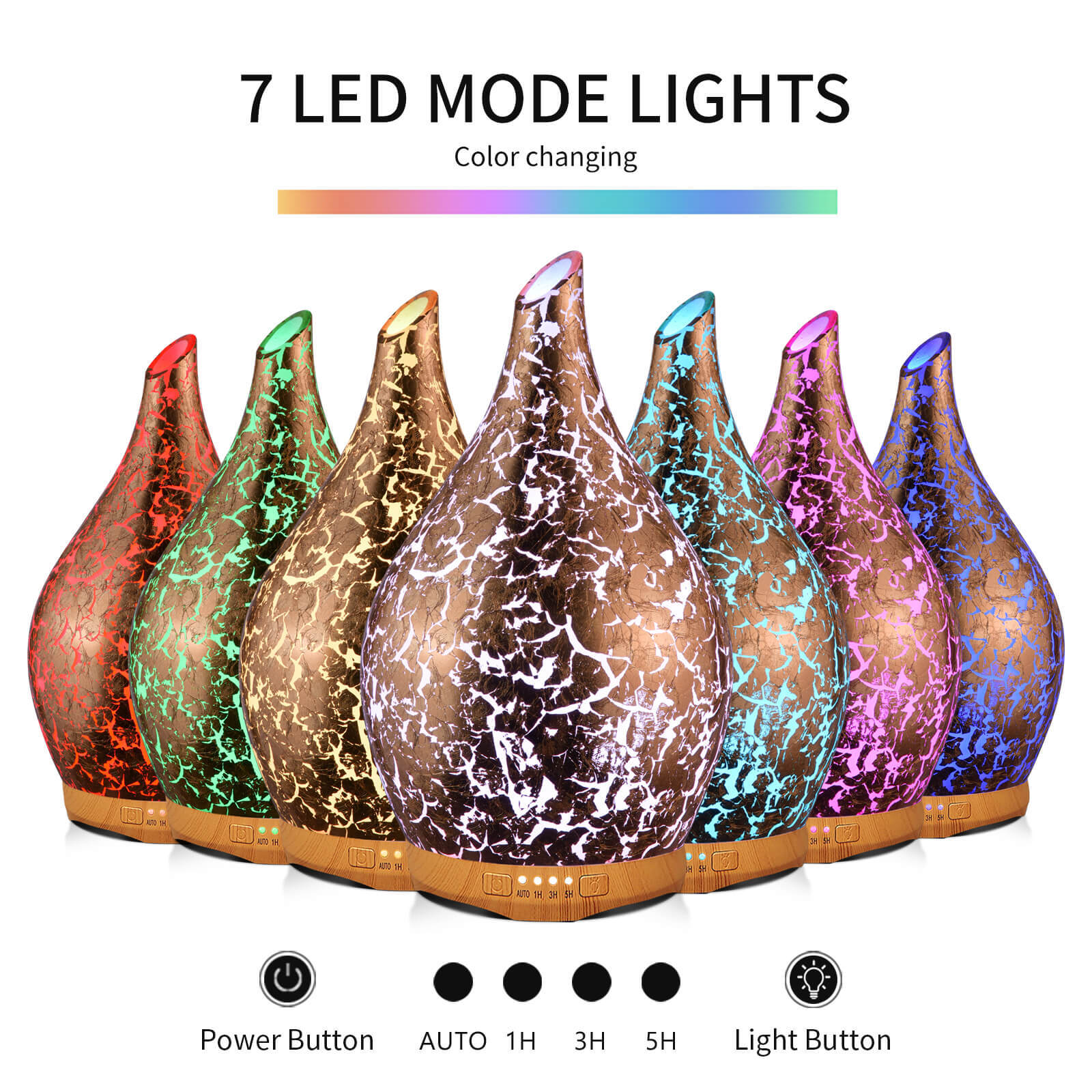 LED Light Essential Oil Humidifier Ultrasonic Handmade Glass Gold Plated 280ml