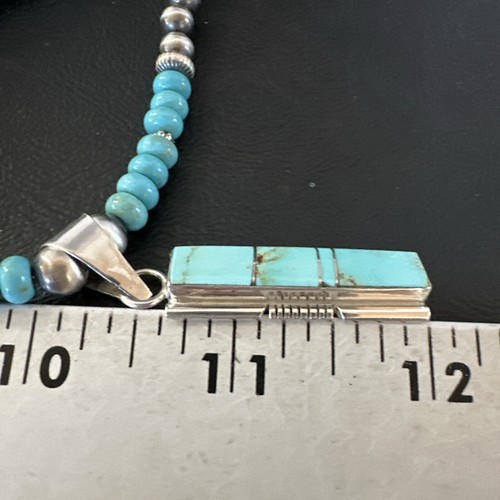 Pre-owned Handmade Blue Kingman Turquoise Inlay Pendant Navajo Sterling Silver Necklace 21” 16930