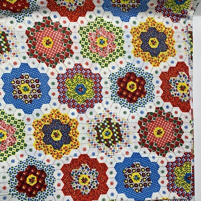 Vtg Patchwork Grandmothers Flower Garden Hexagon Quilt Cotton Fabric 35 x1 +yard