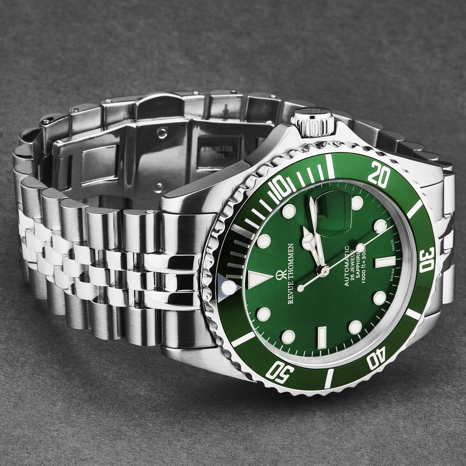 Pre-owned Revue Thommen Men's Diver Green Dial Stainless Steel Automatic Watch 17571.2229