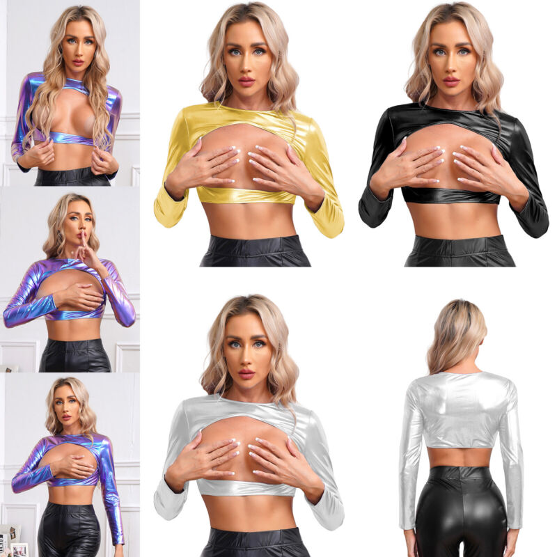 Womens Top Performance Crop Top Festival Shirt Pvc Tee Metallic Leather Cut Out