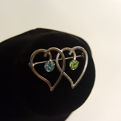 Van Dell Sterling Silver Double Heart Blue and Green Rhinestones Brooch Vintage