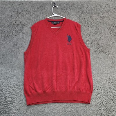 US Polo Assn Sweater Vest Mens XL Red Cotton V Neck Knit Pullover Logo USPA