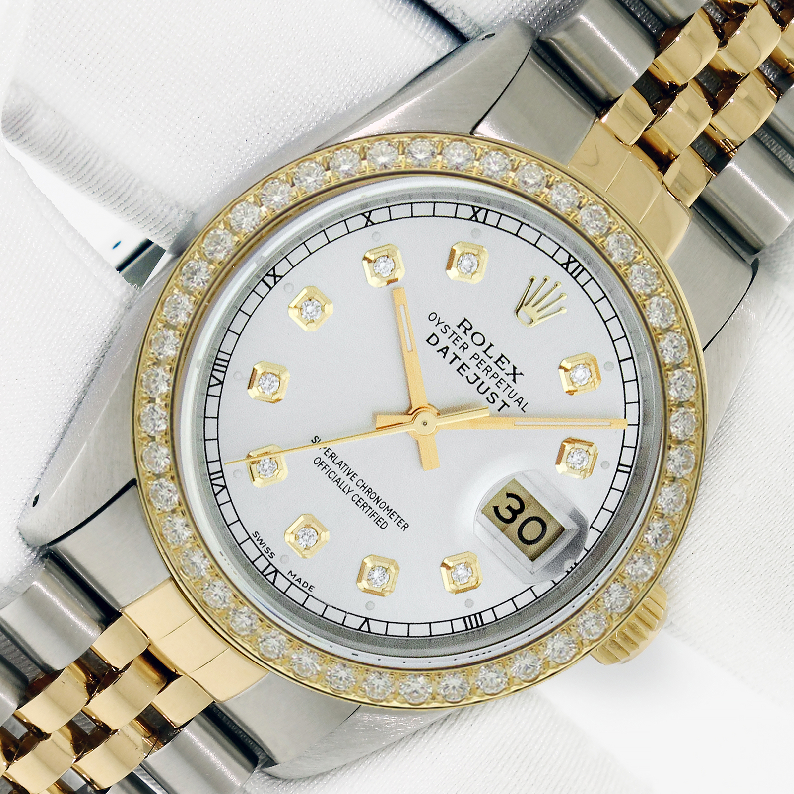 Rolex Mens DateJust Silver Dial Steel-Yellow Gold Diamond Bezel Watch 2.5 CTW