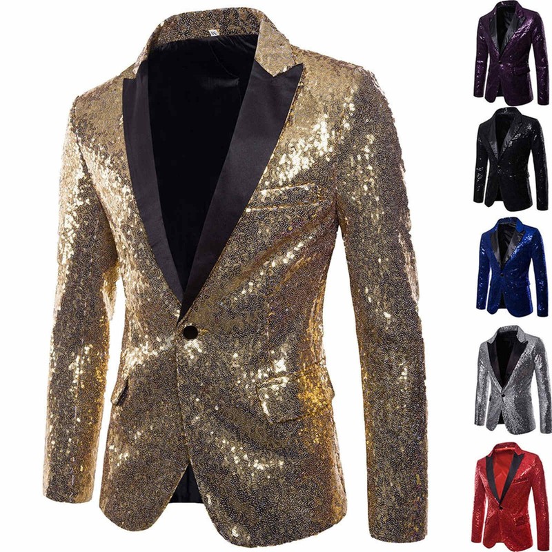 Men Bling Sequins Tuxedo Suit One Button Party Coat Blazer Gentleman Jacket.