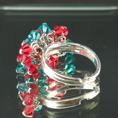 Vintage 925 Sterling Silver Split Ring Colorful Red Teal Plastic Bead - Size 7.5