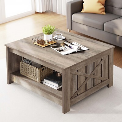 Coffee Table with Storage Farmhouse 2-Tier Wood Center Cocktail Table Square