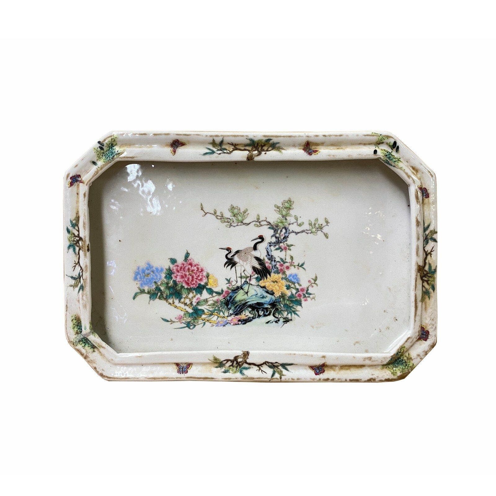 Chinese Off White Porcelain Flower Cranes Rectangular Display Plate ws1820S Chinese Off White Porcelain Flower Cranes Rectangular Display Plate ws1820S