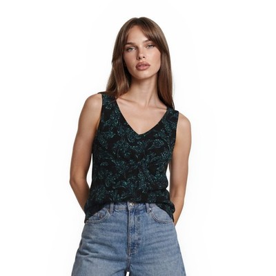 Ann Taylor Tank Sweater Top Womens Size Small Petite PS Teal Black Scroll V Neck