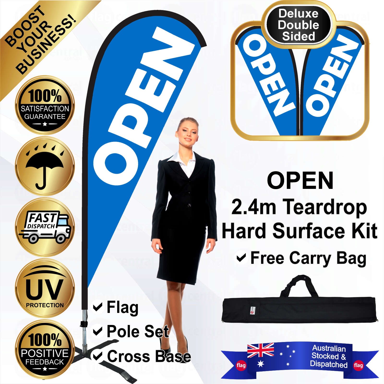 OPEN Deluxe Double-Sided Blue 2.4m Teardrop Flag / Banner Kit with Pole Set, Steel Outdoor Cross Base and a Free Carry Bag