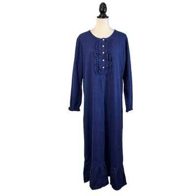 NWT Twin Boat Blue Flannel Long Gown Ruffle Button Panel Accent, Size M