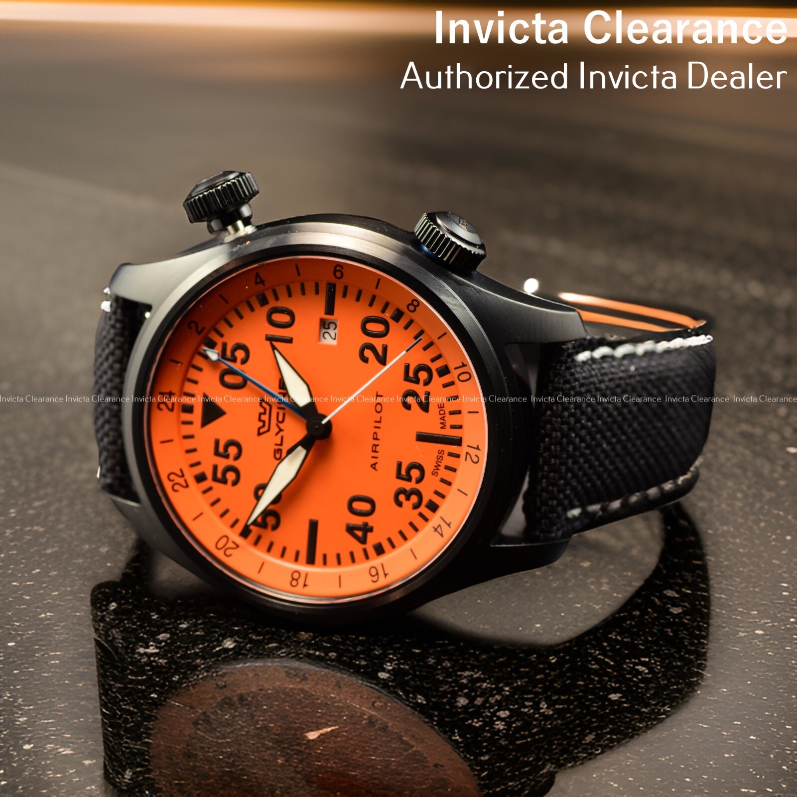 Pre-owned Glycine Men's Airpilot Orange Dial Quartz Black Cordura Band Swiss 44mm Watch