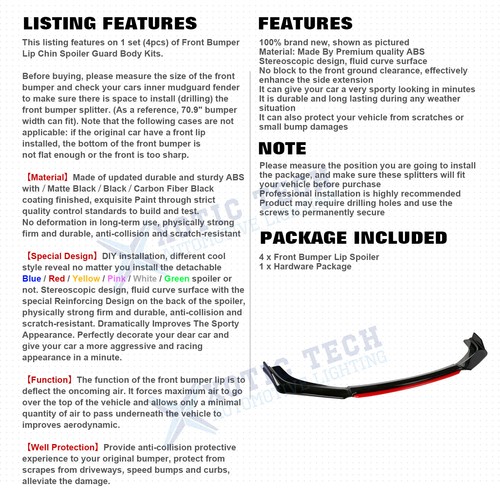 Universal Front Bumper Lip Body Kit, 4pcs Chin Spoiler Splitter for Most Cars