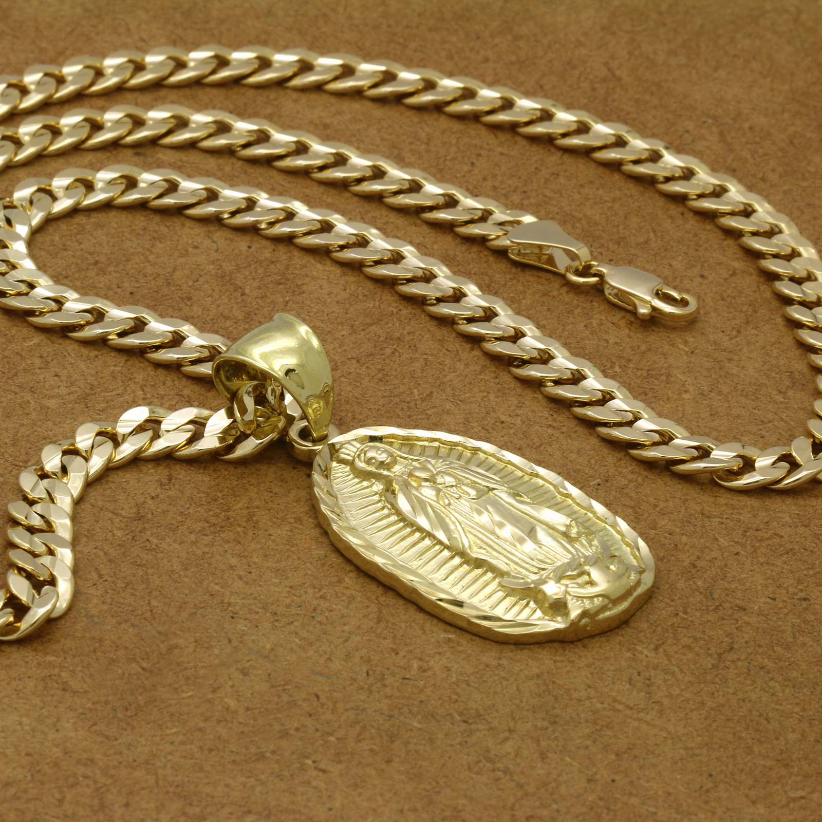 Mens 18k Gold Plated  Guadalupe  Hip-Hop Pendant 6mm Cuban Chain Necklace 