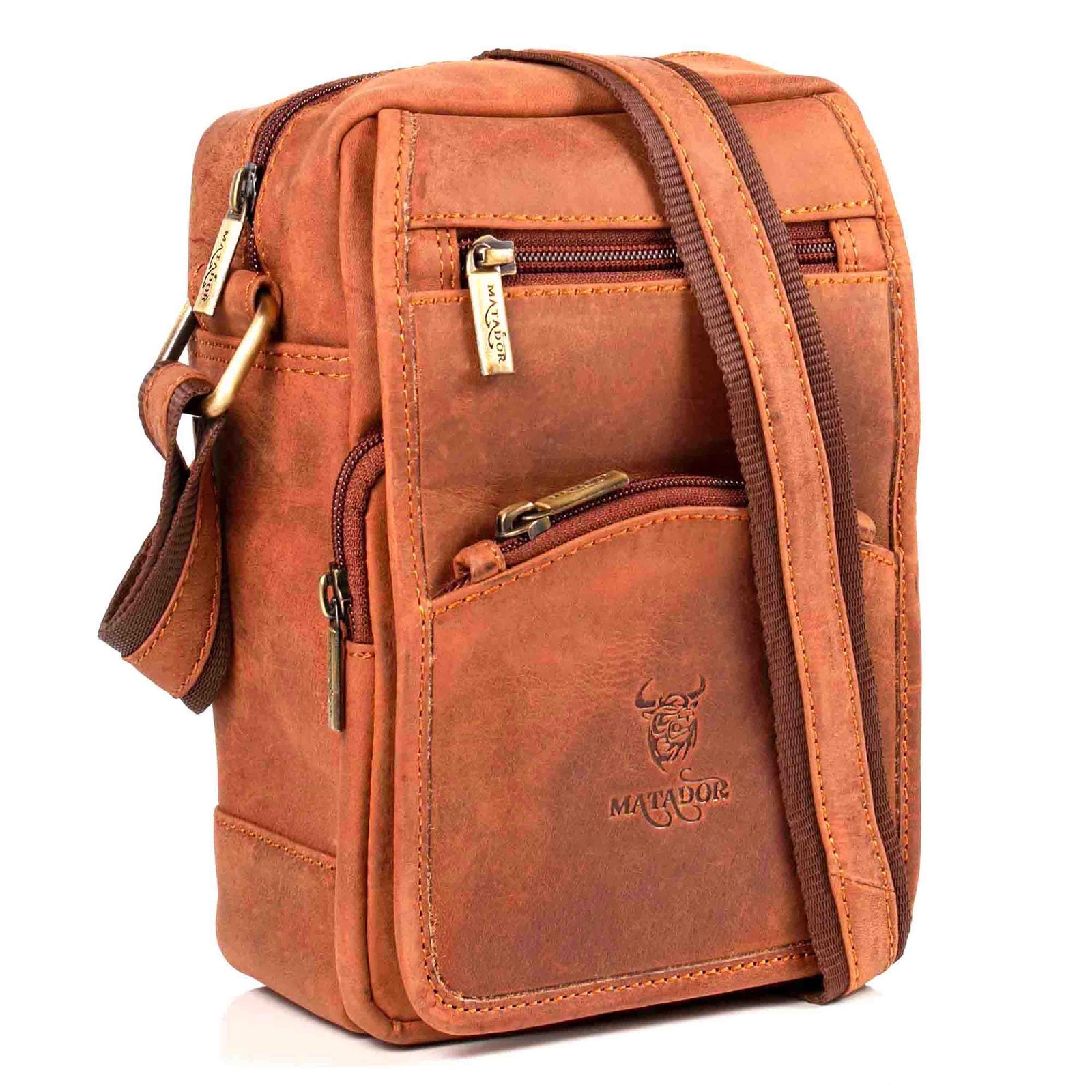 MATADOR Leder Umhängetasche Schultertasche Klein Echt-Leder Damen Herren Braun