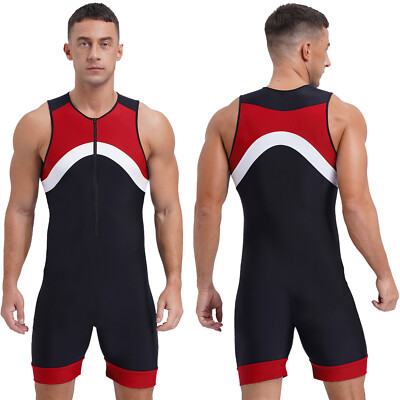 US Men's One-piece Zipper Workout Jumpsuit Athleticwear Sun Protection Swimsuits