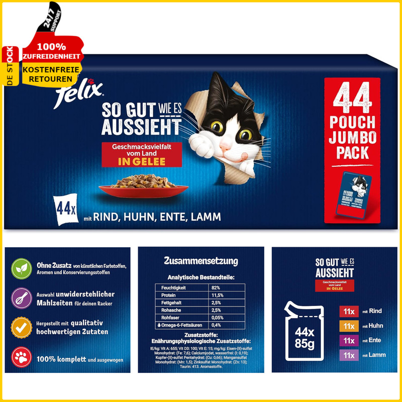 Felix Katzenfutter Nass Gelee Sorten-Mix Katzennassfutter Katzenfutter 44 X 85g