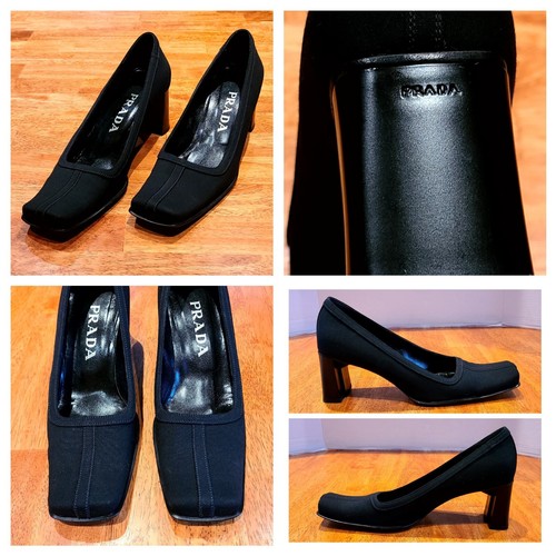 Authentic Prada Square Toe Block Heel Shoes Pumps Black Size EU38