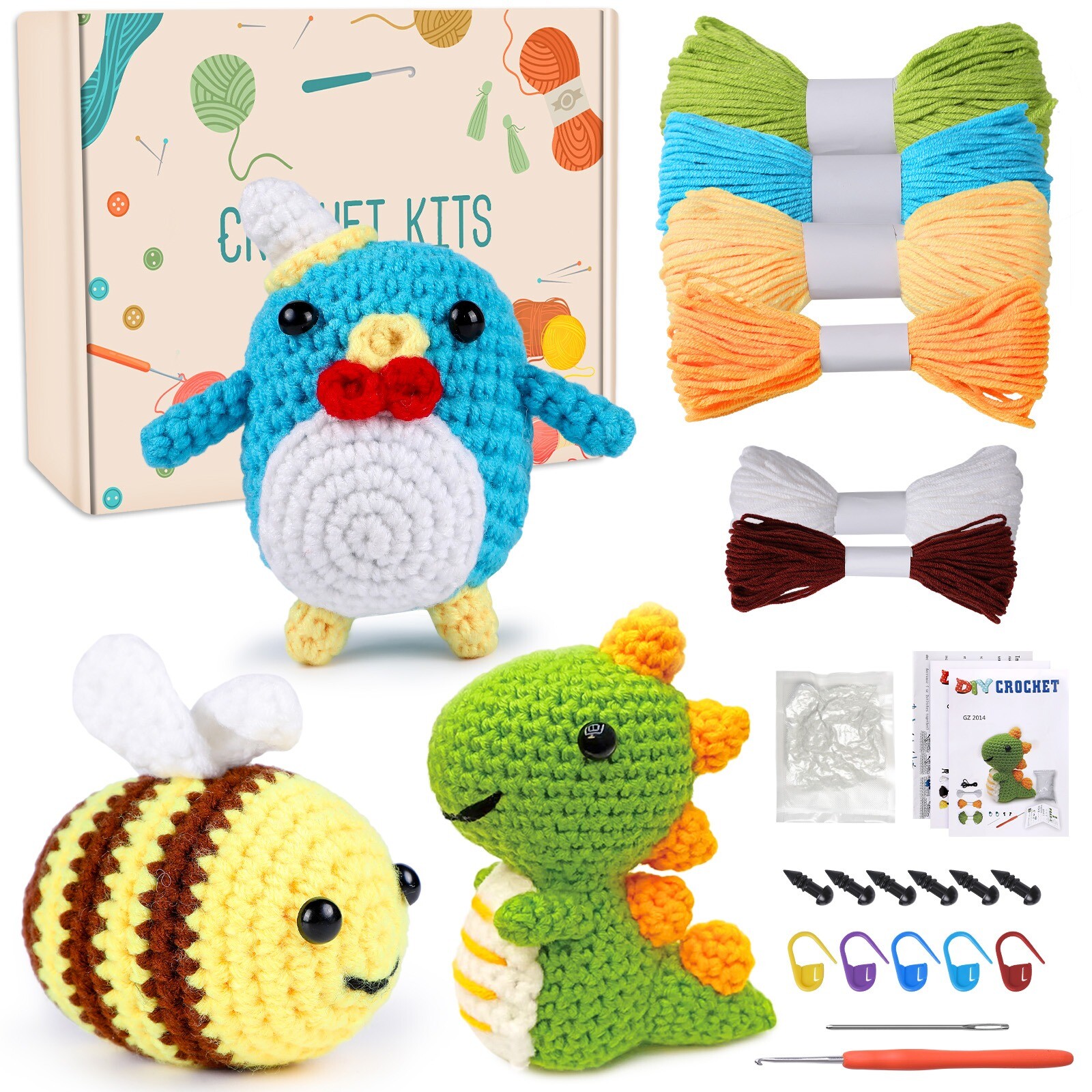 3PCS DIY Crochet Stuffed Animal Kit Beginner Crochet Kit Crochet Hooks