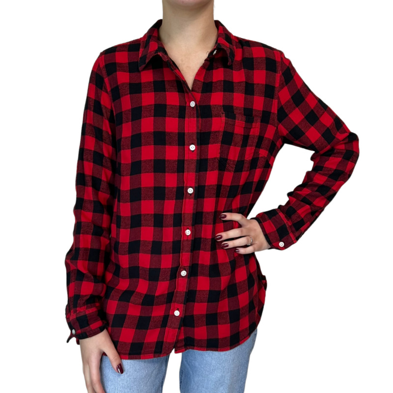 Gap Fitted Boyfriend Shirt Womens Small Red Black Buffalo Check Plaid Flannel