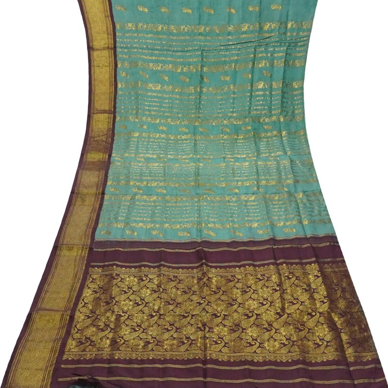 Vintage Vert-Mer Sari 100% Pure Kanjivaram Soie Zari Tricoté Main 4.6m Tissu