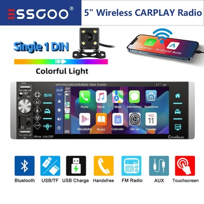 ESSGOO 1 DIN 5'' Car Stereo Radio android auto Bluetooth Touch Screen FM + Camera
