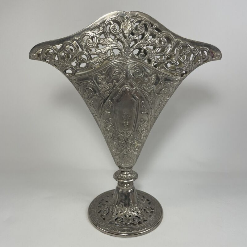 1991 GSA Godinger Silver Plate Vase Art Nouveau Pierced Flat Fan Shaped