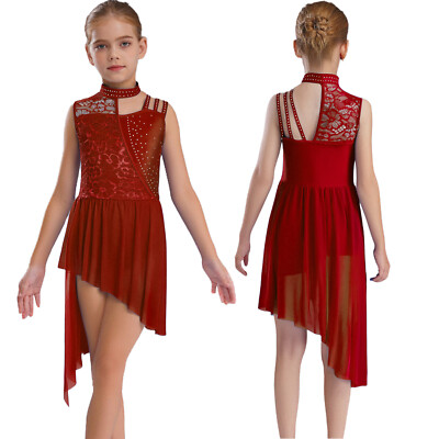 UK Kids Girls Lyrical Ballet Dance Dress Mesh Leotard Lace Sleeveless Dancewear