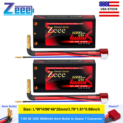2x Zeee 7.6V 120C 2S Shorty Lipo Battery 6000mAh 4mm Bullet Deans T for RC Car