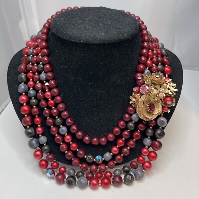 Unsigned Miriam Haskell Multi Strand Red Crystal Ornate RS Convertible Necklace