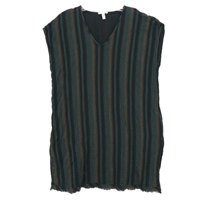 EILEEN FISHER Gauze Caftan Top Nori Stripe Fringe Hem Slits Size S/M