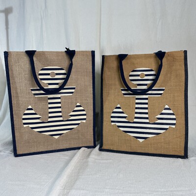 Cracker Barrel Anchor Nautical Burlap Navy Beach Tote SET OF 2 Preppy Classic