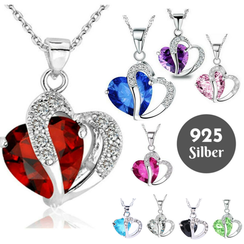 925 Silber Damen Halskette Herz Kristall Liebe Schmuck Geschenk Frauen Love Rosa