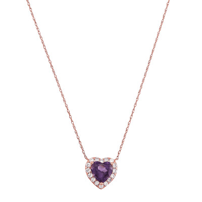 Finecraft Heart Necklace with Amethyst & Cubic Zirconia in 10K Rose Gold, 18''