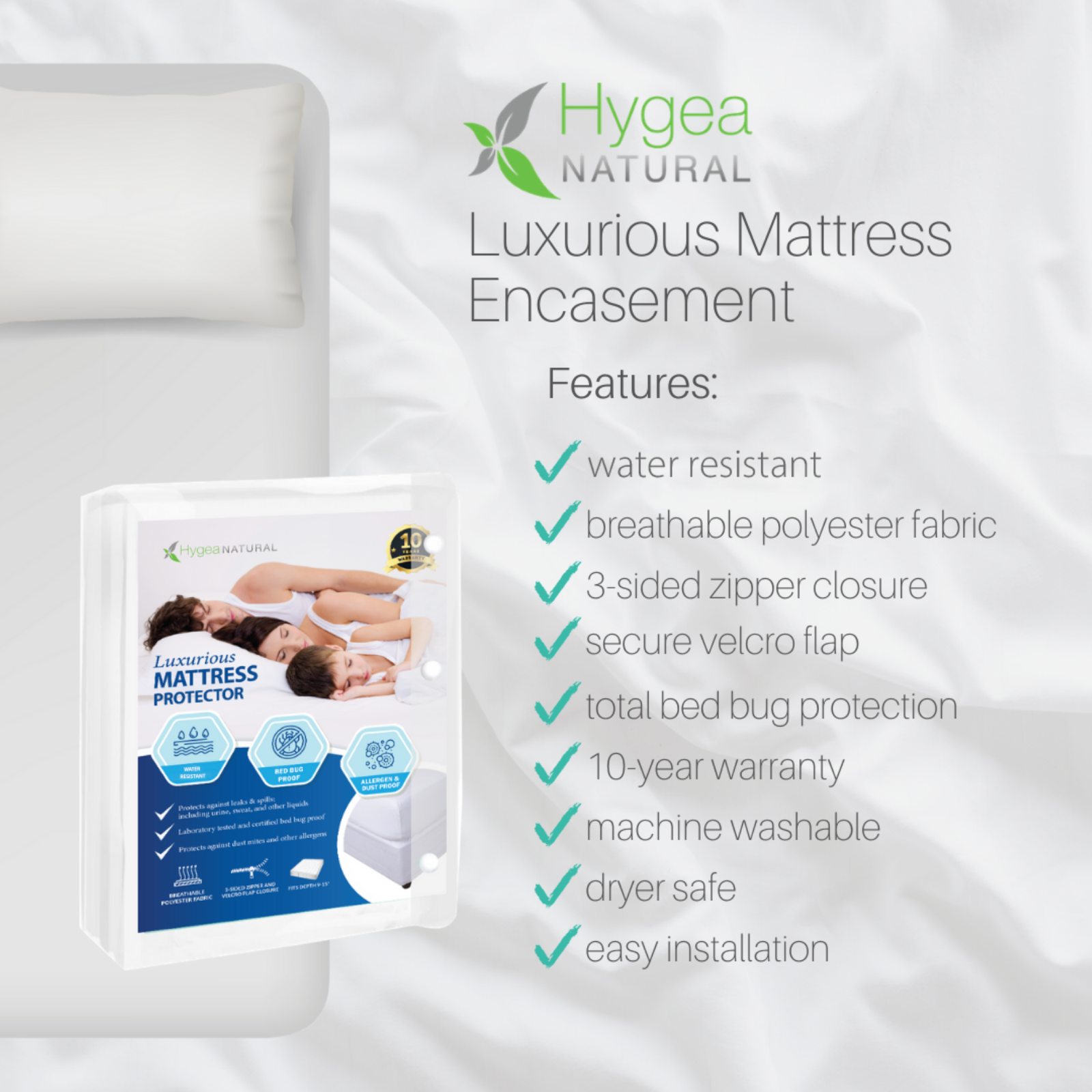Hygea Natural Luxurious Bed Bug Water Resistant Mattress Cover/Encasement
