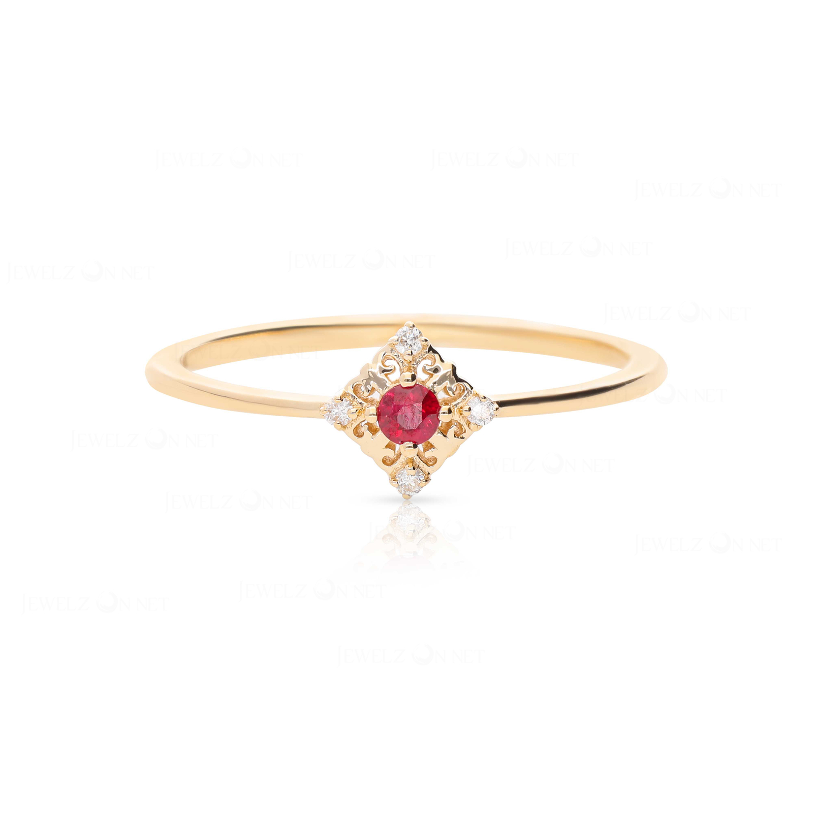 14K Gold Natural Diamond And Ruby July Birthstone Rhombus Shape Wedding Ring