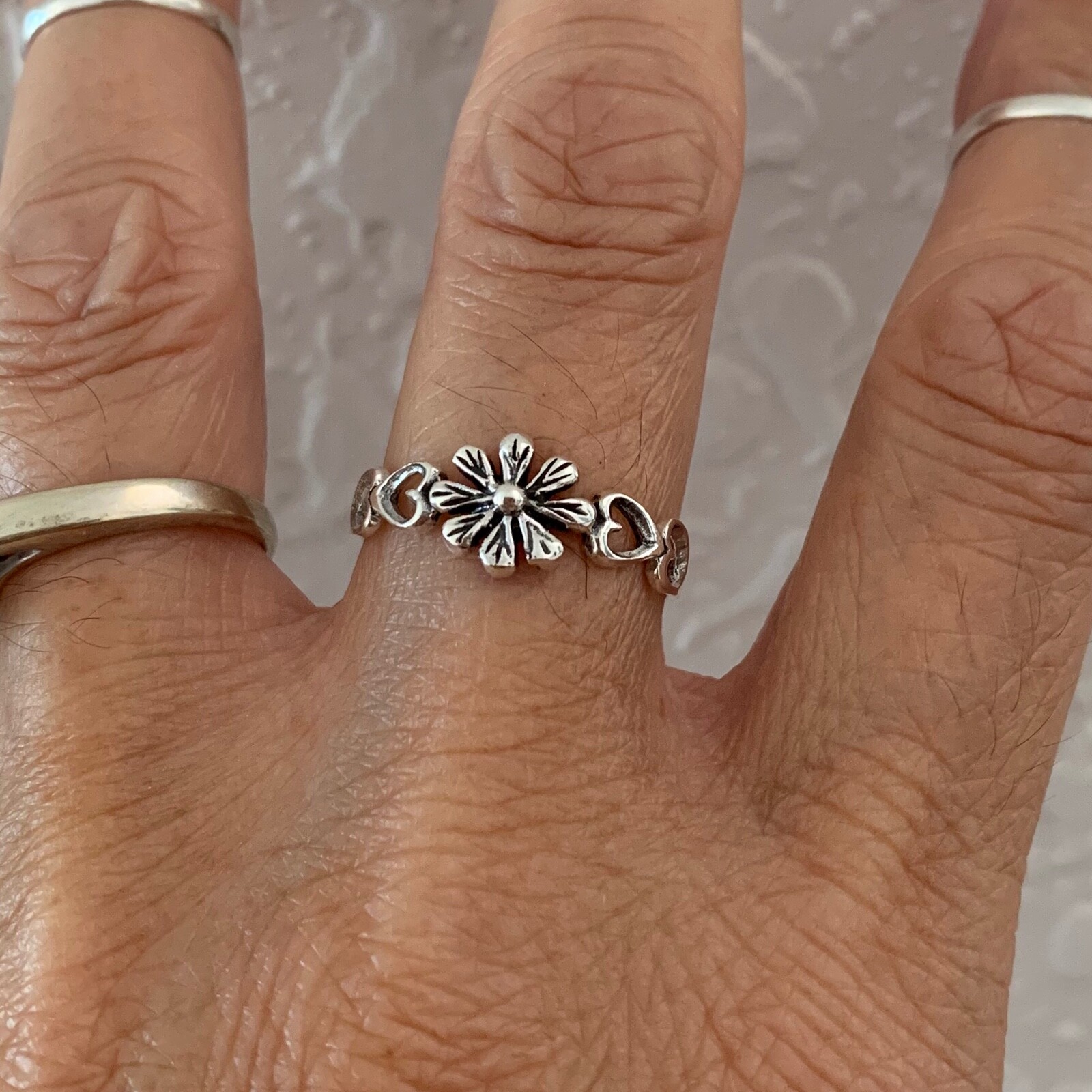 Sterling Silver Flower with Hearts Ring, Silver Rings