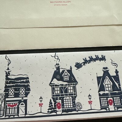 Vtg Christmas Card UNUSED Money Houses  Window Maynard Allen State Bank W/env