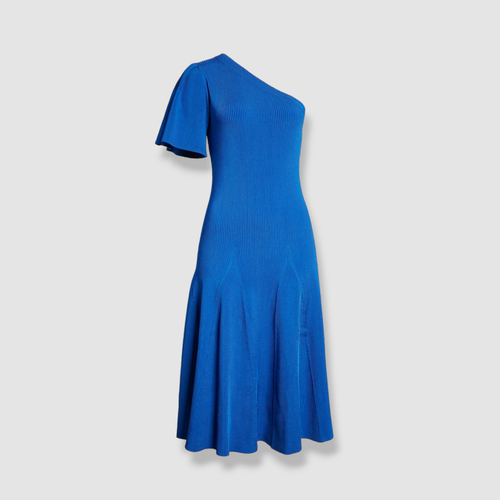 Pre-owned Carolina Herrera $1590  Women Blue Flutter Sleeve One-shoulder Knit Dress Size L