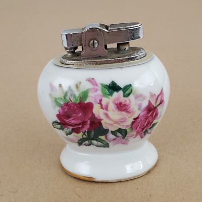 Vintage ATC Super De June Automatic Table Lighter Roses Hand Painted in Japan