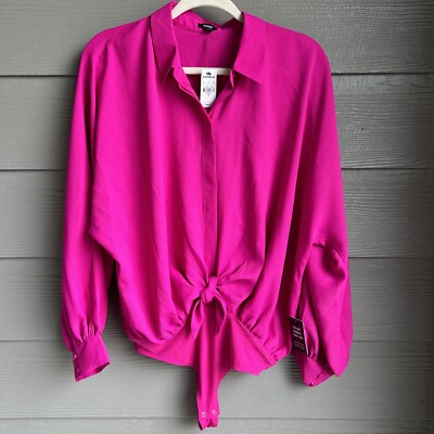 Express Women s Button Down Tie Front Thong Bodysuit Fuschia Pink Size Medium