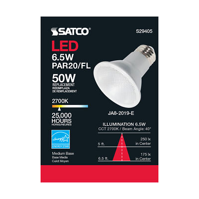 (6 Pack) Satco S29405 6.5PAR20 LED 120V 6.5W Medium E26 Base 2700K Warm White