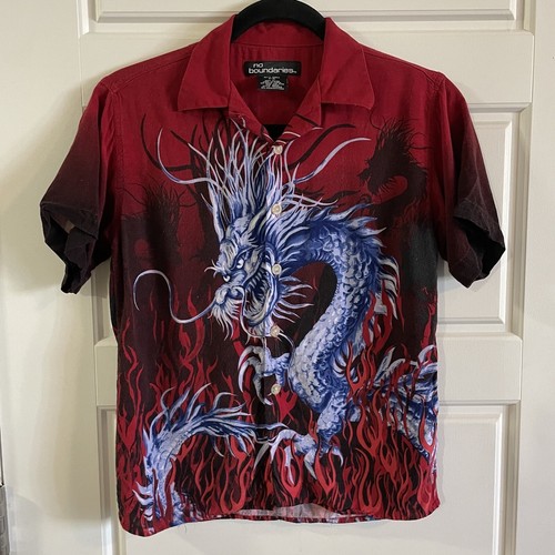 Vintage Y2K Dragon Shirt No Boundaries Flames Red Black Boy