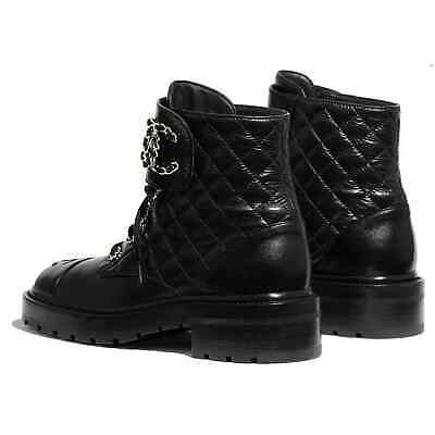 Pre-owned Chanel 21a Black Quilted Gold Cc Chain Combat Lace Up Tie Ankle Short Boots 37