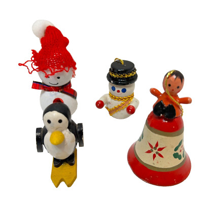 Vintage Handcrafted Painted Lot 5 Wood Christmas Ornaments Snowmen Penguin Bell
